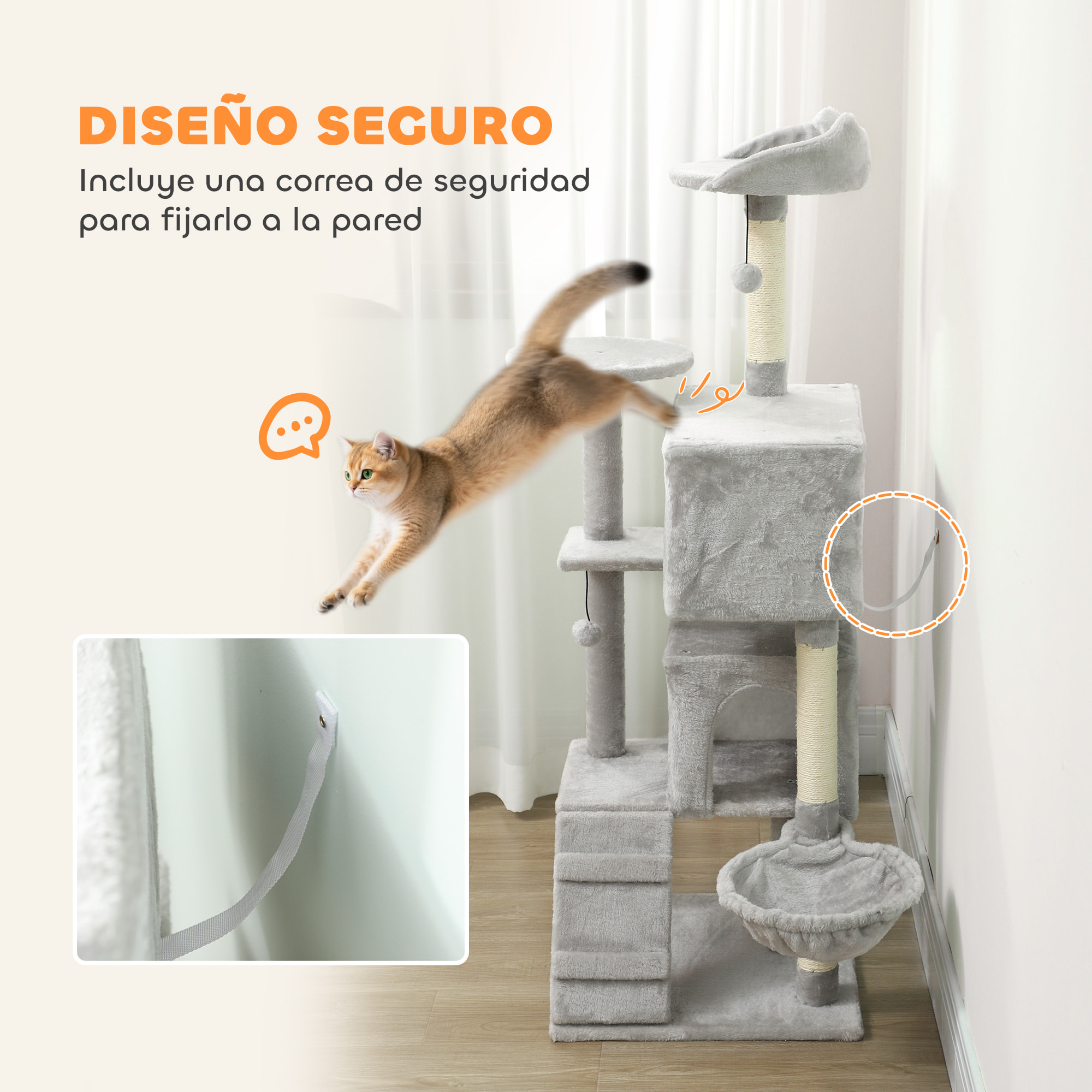 Árbol Rascador para Gatos, Árbol para Gatos 140 cm, Torre Escalador con Múltiples Plataformas, Cama, 2 Cuevas, Hamaca, Escalera, Postes de Sisal, Bolas para Jugar, Gris Claro