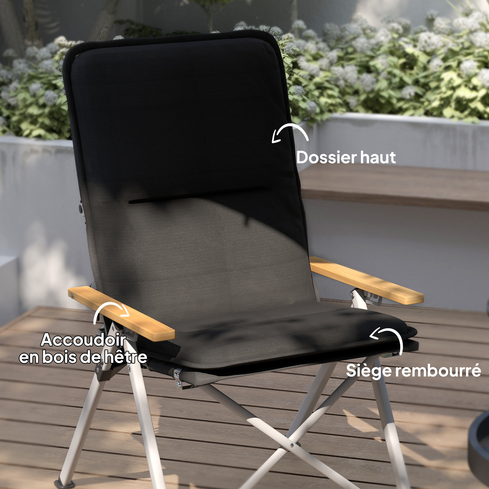 Chaise de camping pêche pliable inclinable 4 niveaux sac transport inclus alu gris bois polyester noir