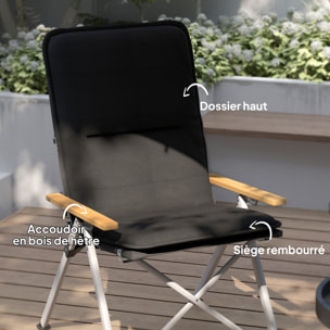 Chaise de camping pêche pliable inclinable 4 niveaux sac transport inclus alu gris bois polyester noir