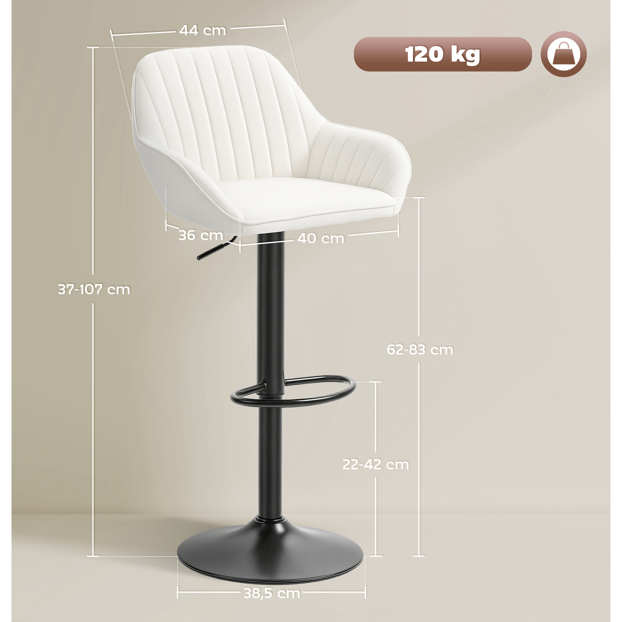 Juego de 2 Taburetes de Bar Giratorios, Taburetes Altos de Cocina con Altura Ajustable 62-83 cm, Sillas Altas de Cocina, Tapizada en Terciopelo, Respaldo y Reposapiés, Crema