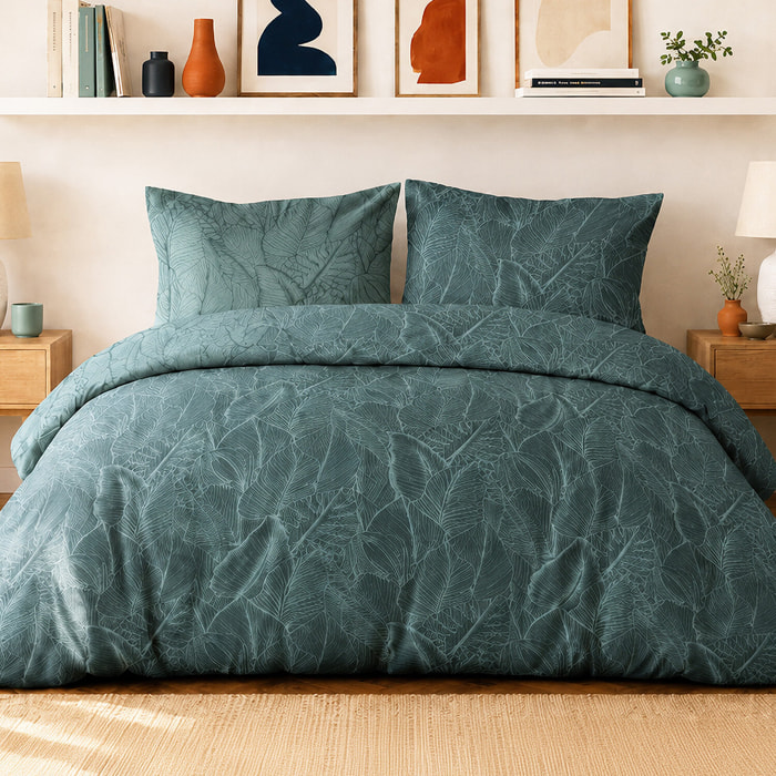 Parure housse de couette 100% percale de coton motif feuilles tropicales - SYLVAE