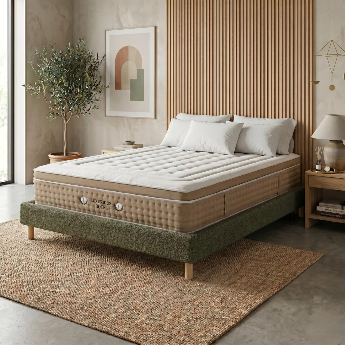 Ensemble matelas Bali & sommier Cancun | Mémoire de forme et ressorts ensachés | Cadre à lattes | Bouclette | Olive