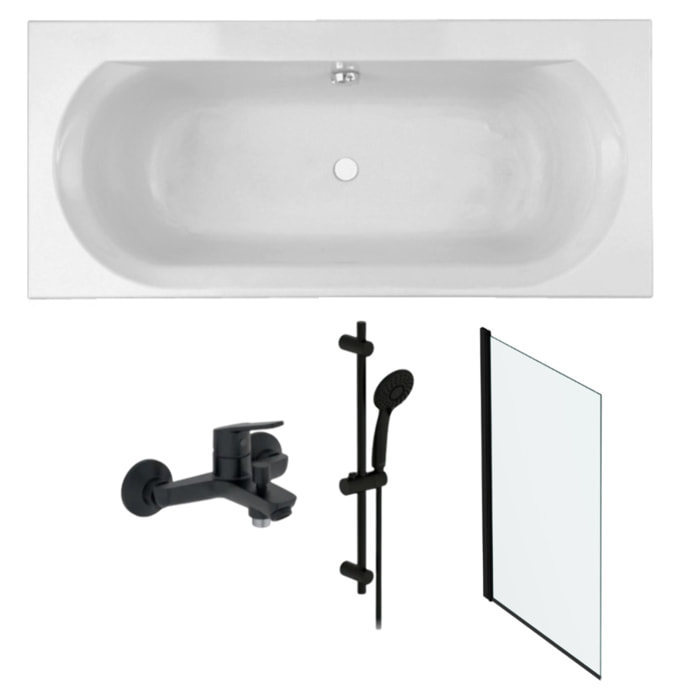 Pack baignoire droite 180 x 80 Elise + pack pommeau et mitigeur bain douche noir mat + pare bain noir mat + vidage