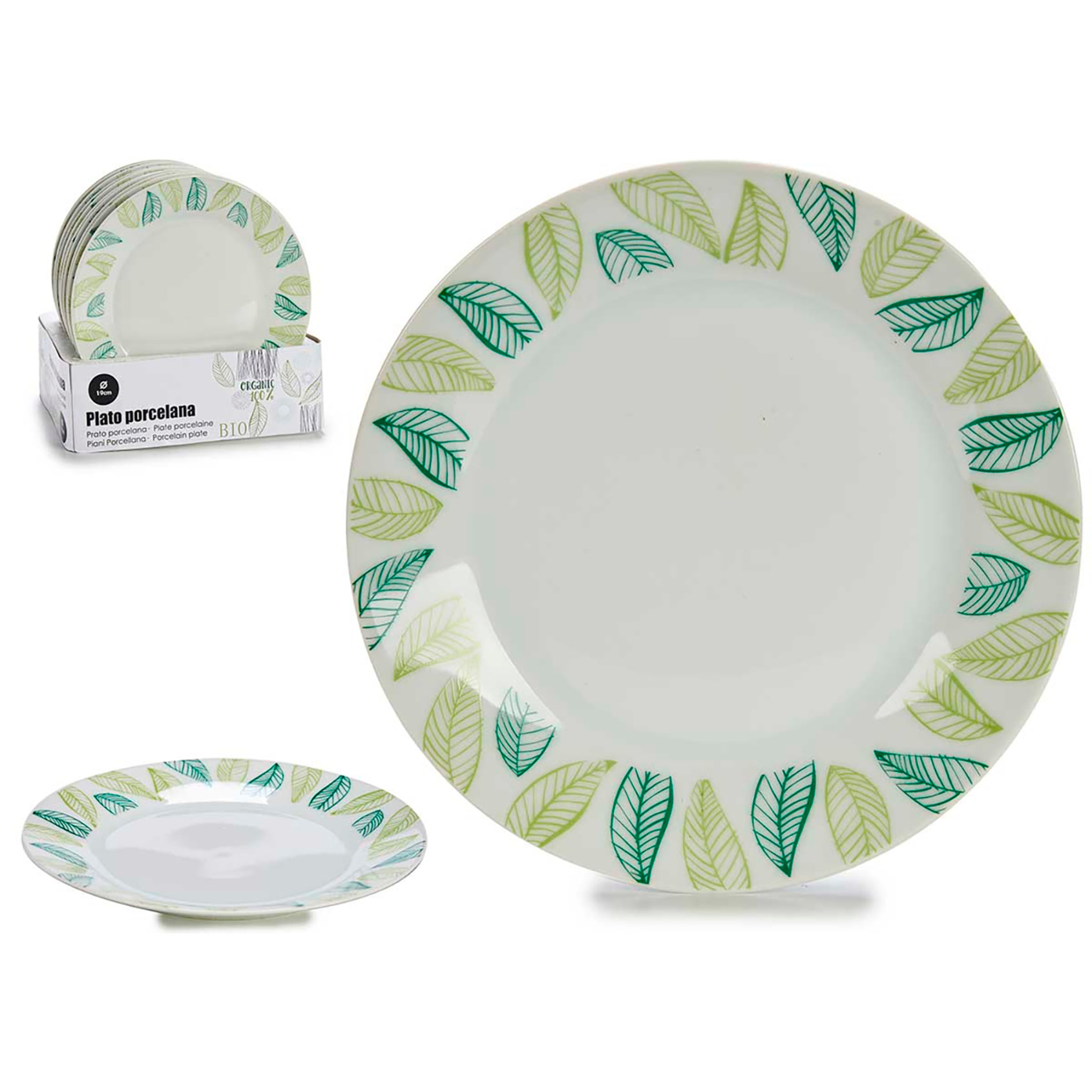 PACK 10 PLATOS POSTRE PORCELANA 19CM HOJAS