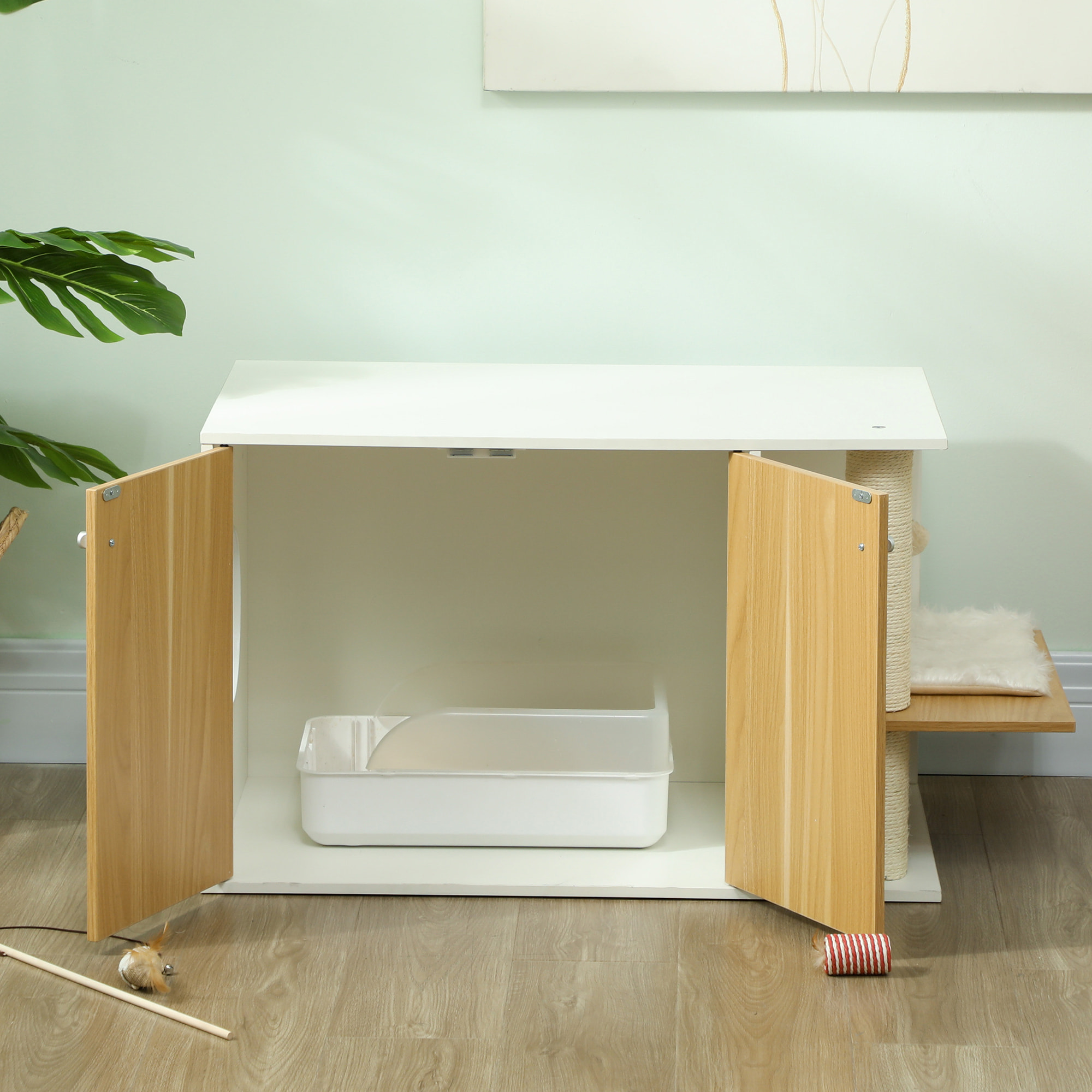 Mueble Arenero para Gatos 3 en 1 Nido Mesa Auxiliar Caja de Arena para Gatos con Puertas Cojín Poste para Rascar y Centro de Juegos para Salón Dormitorio 94x48x50,5 cm Roble y Blanco