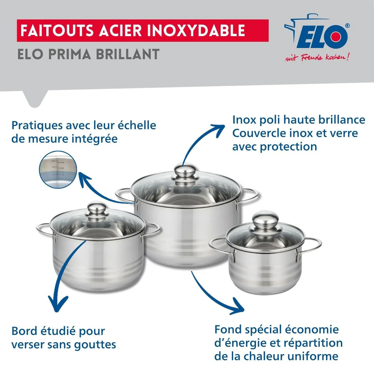 Ensemble de 1 Poêle de cuisson 24 cm et 3 faitouts 16, 20 et 24 cm Elo Prima Brillant