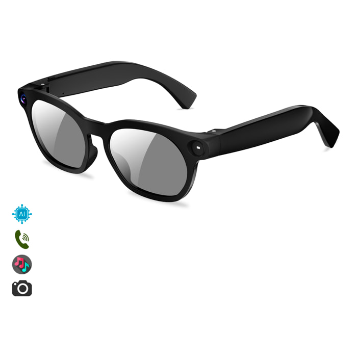 Gafas inteligentes CY03. Con cámara para fotos y videos de 8 MPX, traductor AI en tiempo real y transmisión de video en vivo. Lentes oscuras y transparentes.
