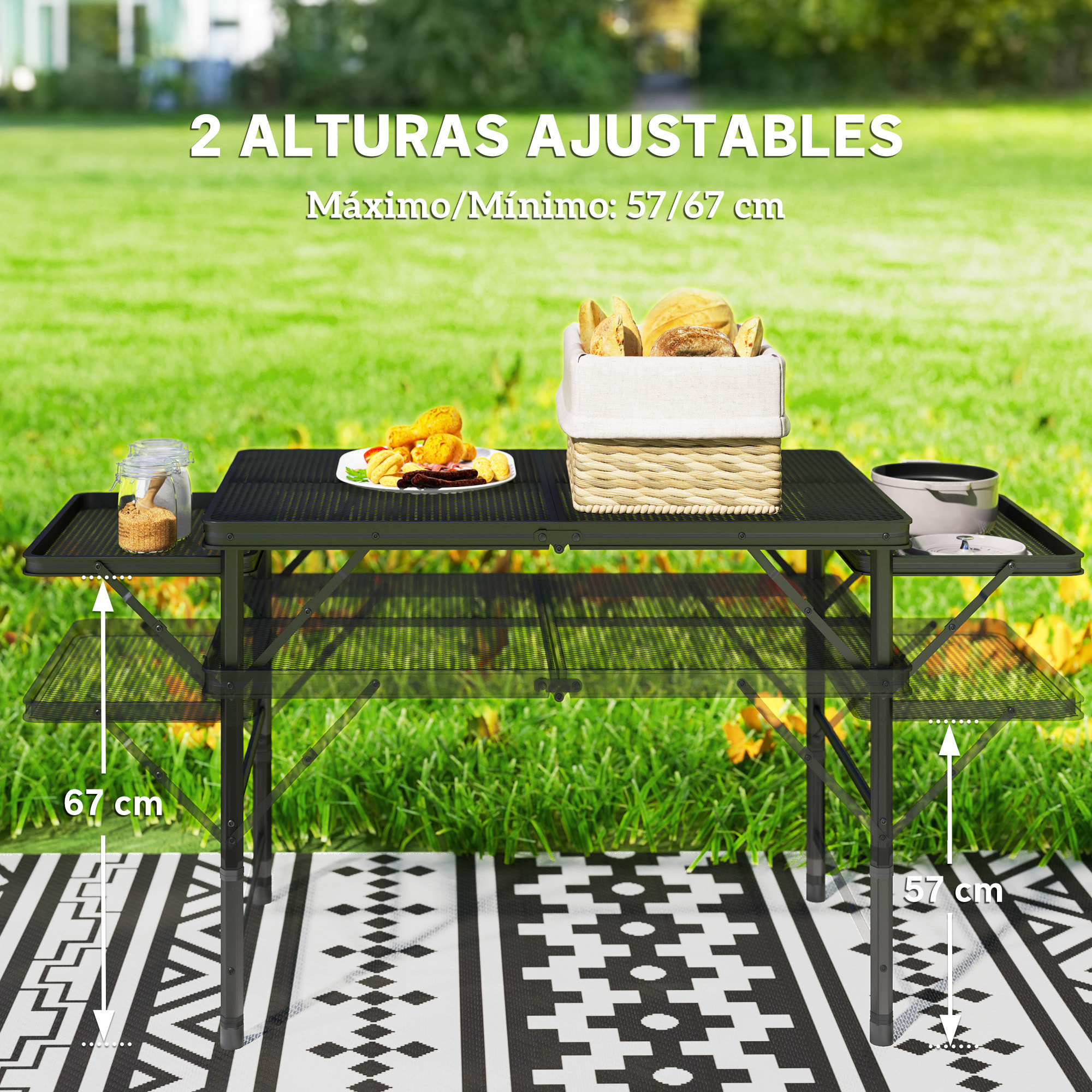 Mesa Plegable Camping de Aluminio 137x62x67 cm con Laterales Abatibles y Altura Ajustable Mesa Plegable Portátil Ligera con Encimera Metálica de Rejilla para Acampar Senderismo Playa Negro