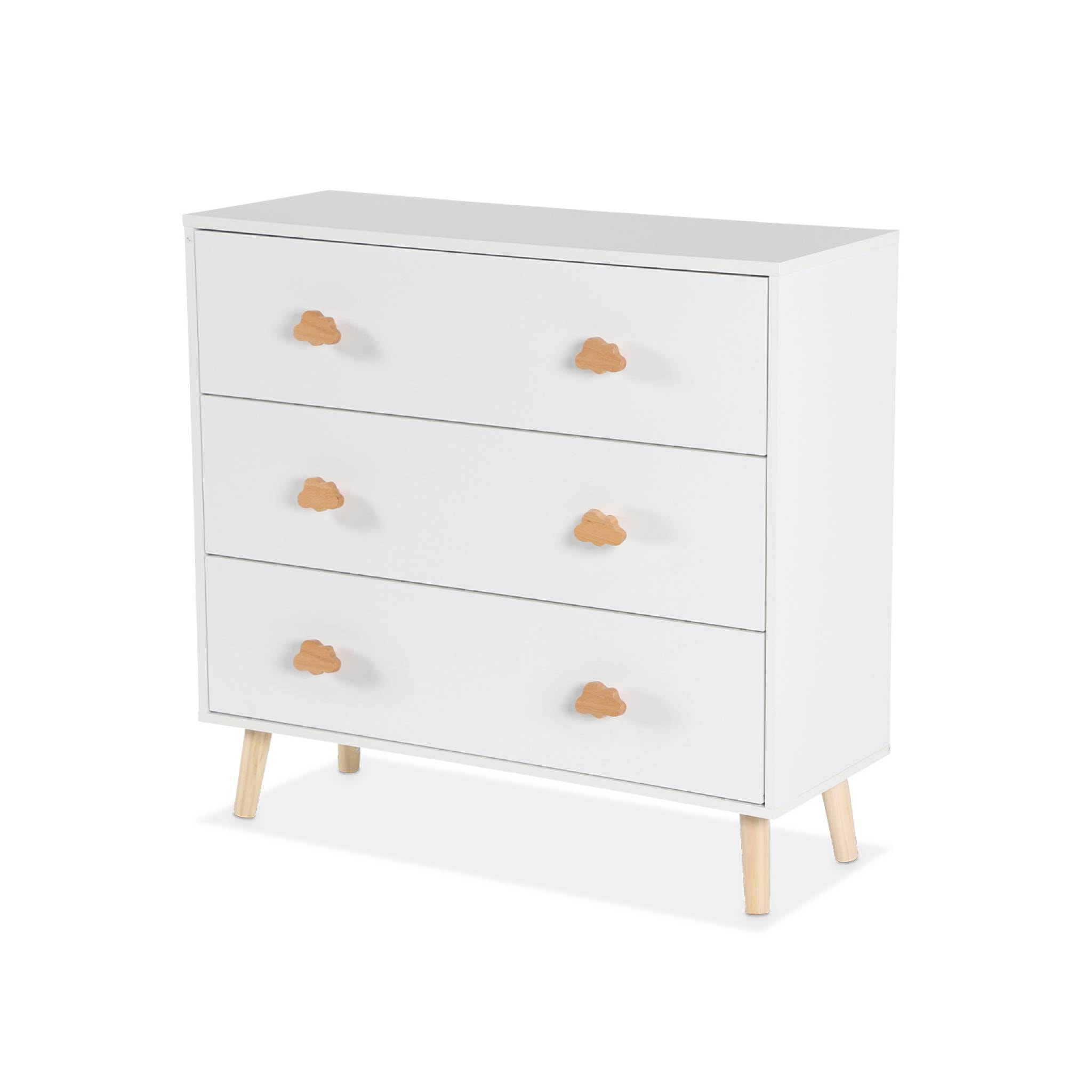 Commode enfant. décor bois. blanc. 3 tiroirs. pieds et poignées nuage en pin