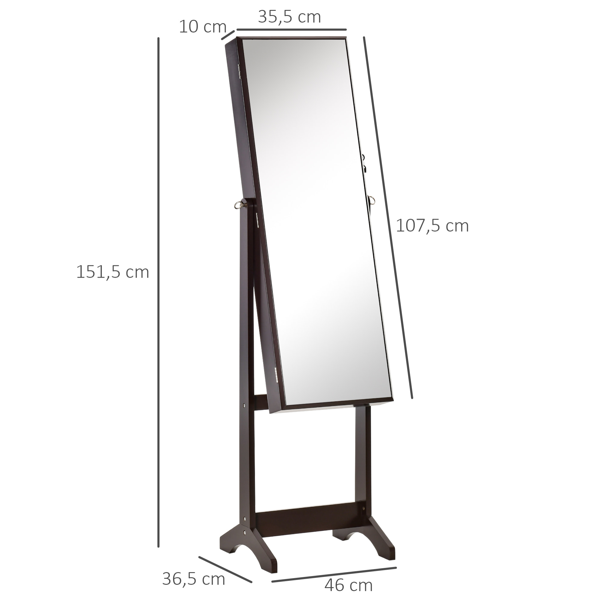 Armoire à bijoux avec miroir à pied multi-rangement inclinaison réglable serrure dim. 46L x 36,5l x 151,5H cm MDF brun