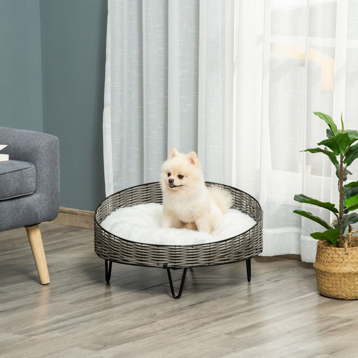 Cama para Perros de Mimbre Redonda con Cojín Lavable y Patas Elevadas Ø60x32 cm