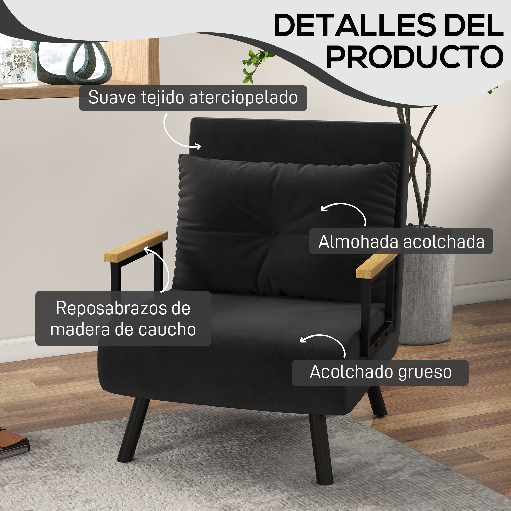 Sofá Cama de 1 Plaza 4 en 1, Sofá Cama Plegable Tapizado en Terciopelo con Respaldo Ajustable de 5 Niveles y Almohada Acolchada, para Oficina, Dormitorio, Salón, 63x73x81 cm, Negro