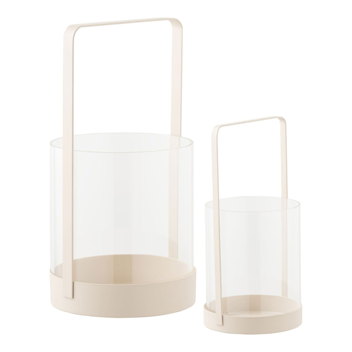Set 2 portacandele hurricane in vetro e metallo beige - misure ø12/18 cm