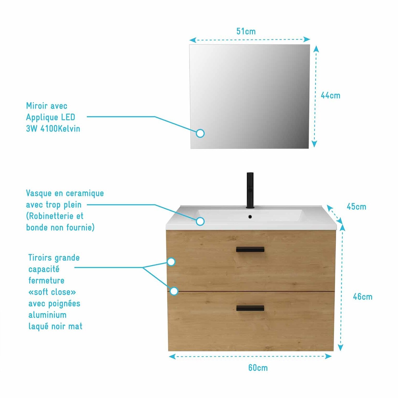Meuble salle de bain 60 cm suspendu 2 tiroirs finition Bois avec vasque et miroir - BOX-IN 60 WOOD