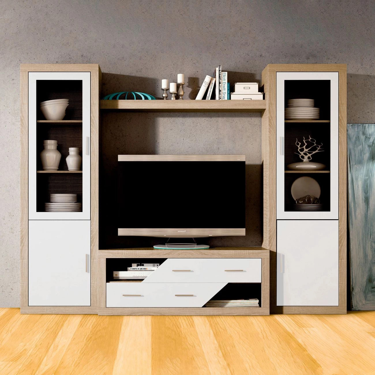 Salón modular con gran capacidad de almacenaje en cambria y blanco 250 cm Nuka V5 Cambria - Blanco