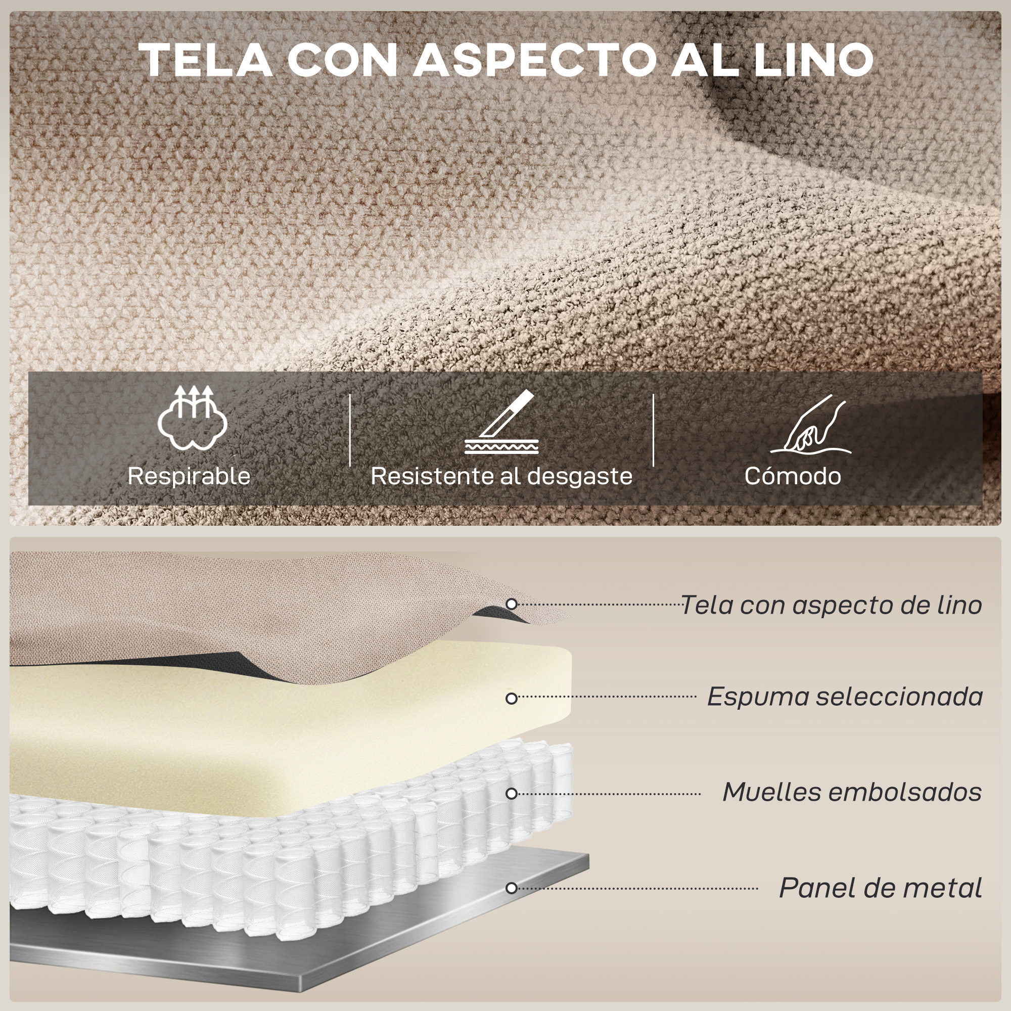 Sillón Relax Reclinable Manual, Sillón Relax Moderno, Tapizado en Tela Aspecto Lino, Reposapiés, Reposabrazos, Acolchado Grueso, Butaca Reclinable hasta 150°, Carga 120 kg, para Salón, Beige