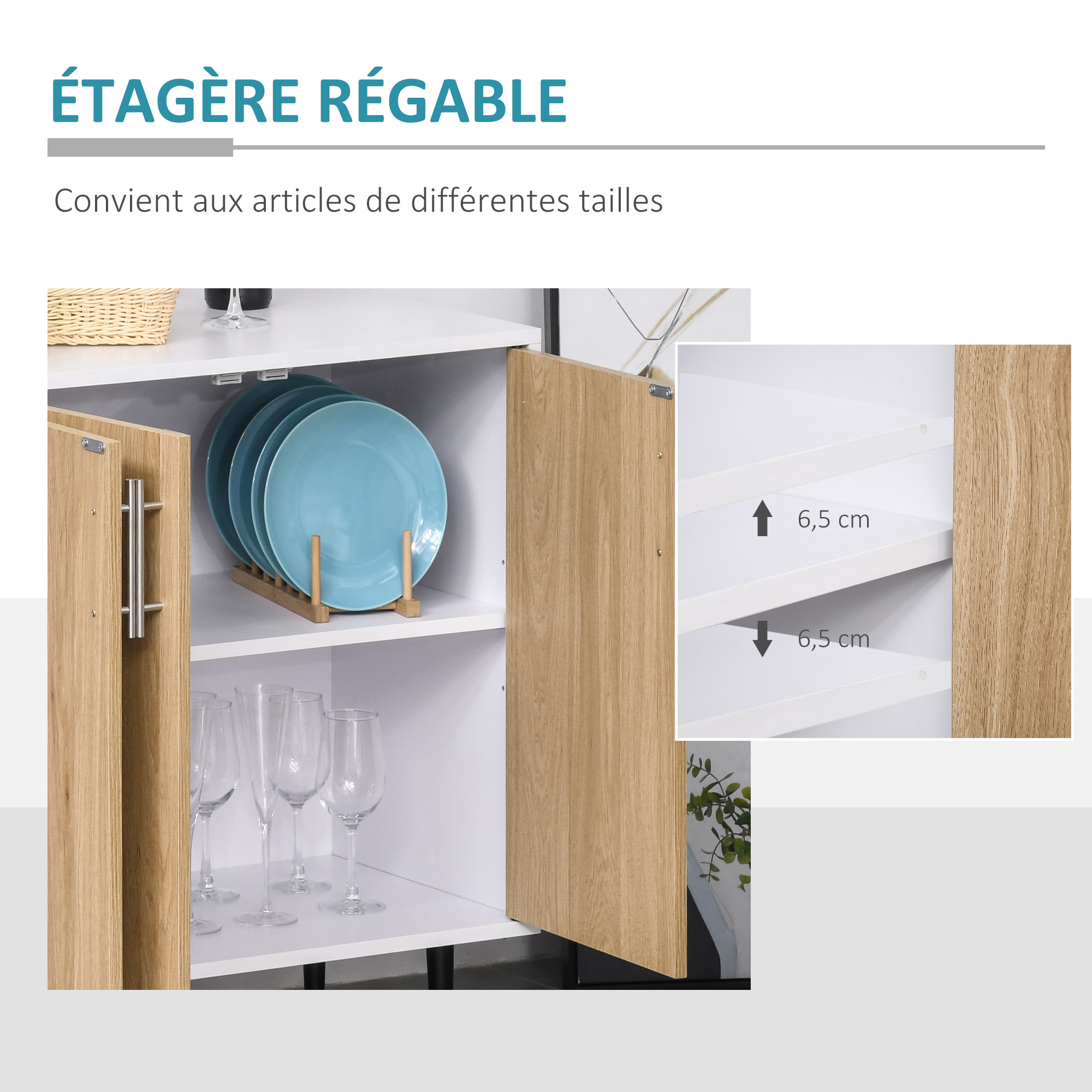 Buffet meuble de rangement 2 placards 2 portes avec étagères réglables blanc chêne clair