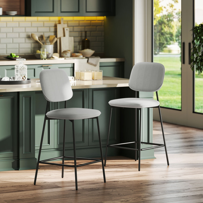Juego de 2 Taburetes de Bar Taburetes Altos de Cocina con Respaldo y Reposapiés Tapizado en Terciopelo Marco de Acero Taburetes Altos Modernos para Comedor Mostrador Gris Claro