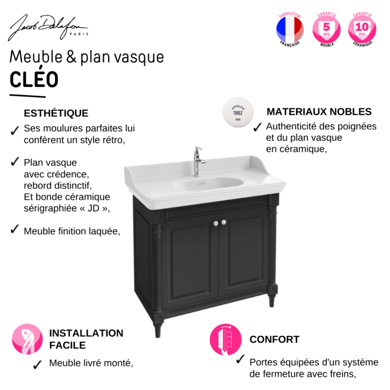 Meuble salle de bain Cléo 1889 plan vasque + colonne + miroir + mitigeur lavabo or