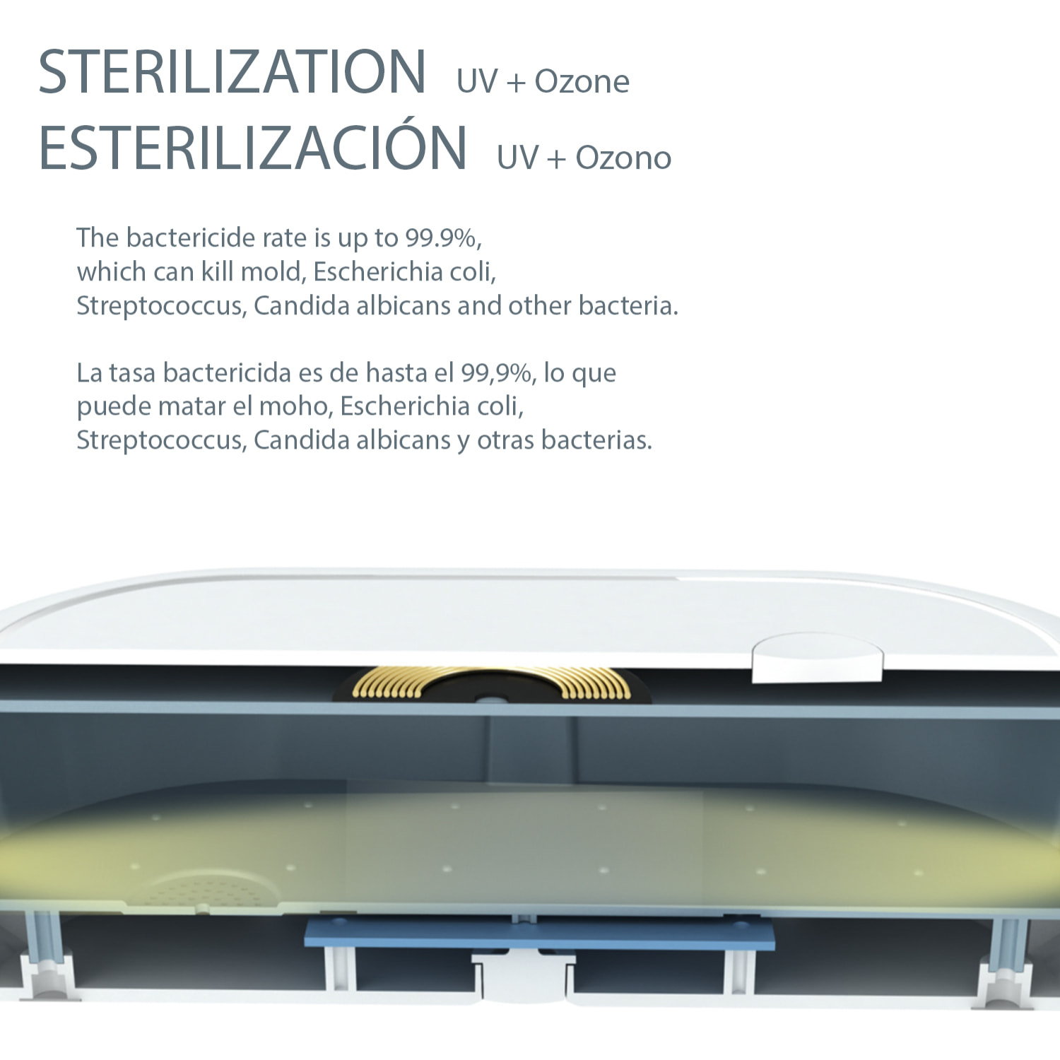 DAM Scatola di sterilizzazione con ozono, luce UV e aromaterapia con caricatore wireless 20x12x6 Cm. Colore bianco
