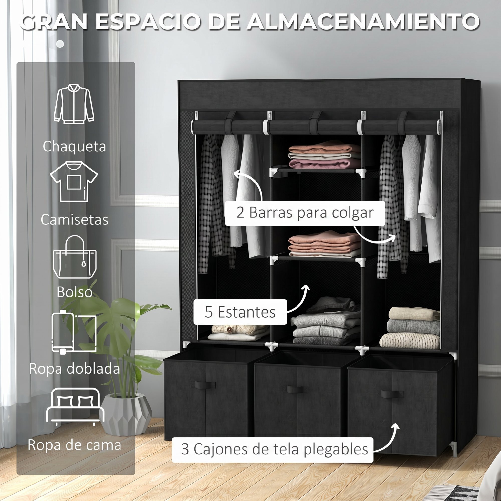 HOMCOM Armario de Tela, Armario Ropero con 2 Barras, 5 Estantes Abiertos, 3 Cajones, Cremallera, Marco de Acero, para Dormitorio, Espacio Pequeño, Vestidor, 125x43x162,5 cm, Negro