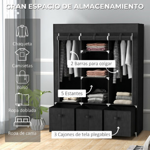 HOMCOM Armario de Tela, Armario Ropero con 2 Barras, 5 Estantes Abiertos, 3 Cajones, Cremallera, Marco de Acero, para Dormitorio, Espacio Pequeño, Vestidor, 125x43x162,5 cm, Negro