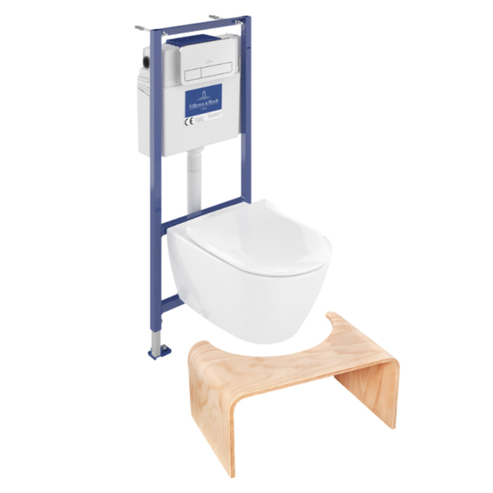 Pack WC sans bride Subway 2.0 avec abattant frein de chute + bâti Viconnect PRO + plaque blanche  + Tabouret bois