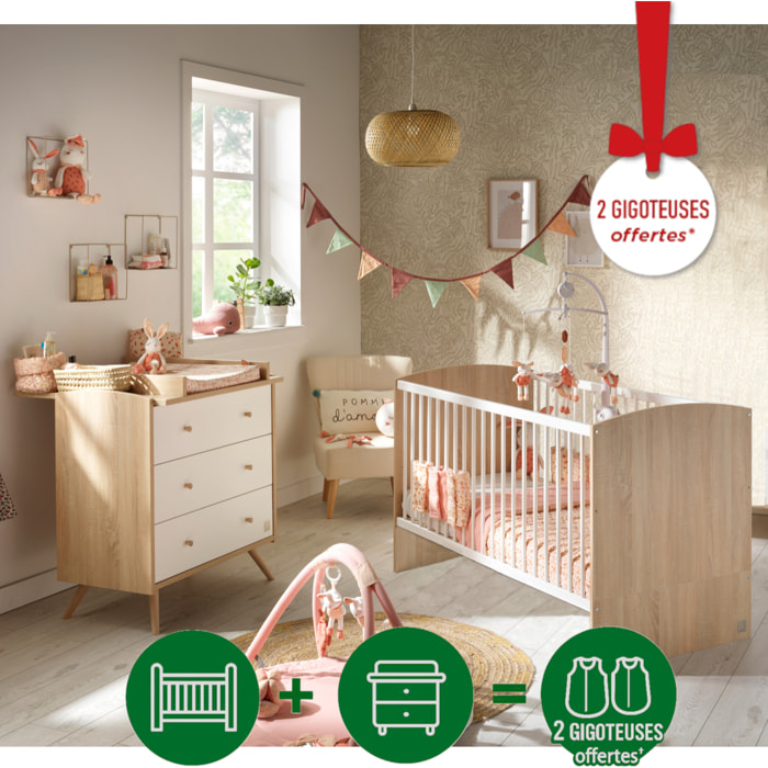 Chambre bébé évolutive Access, Lit 140x70 et Commode à langer - Chêne doré