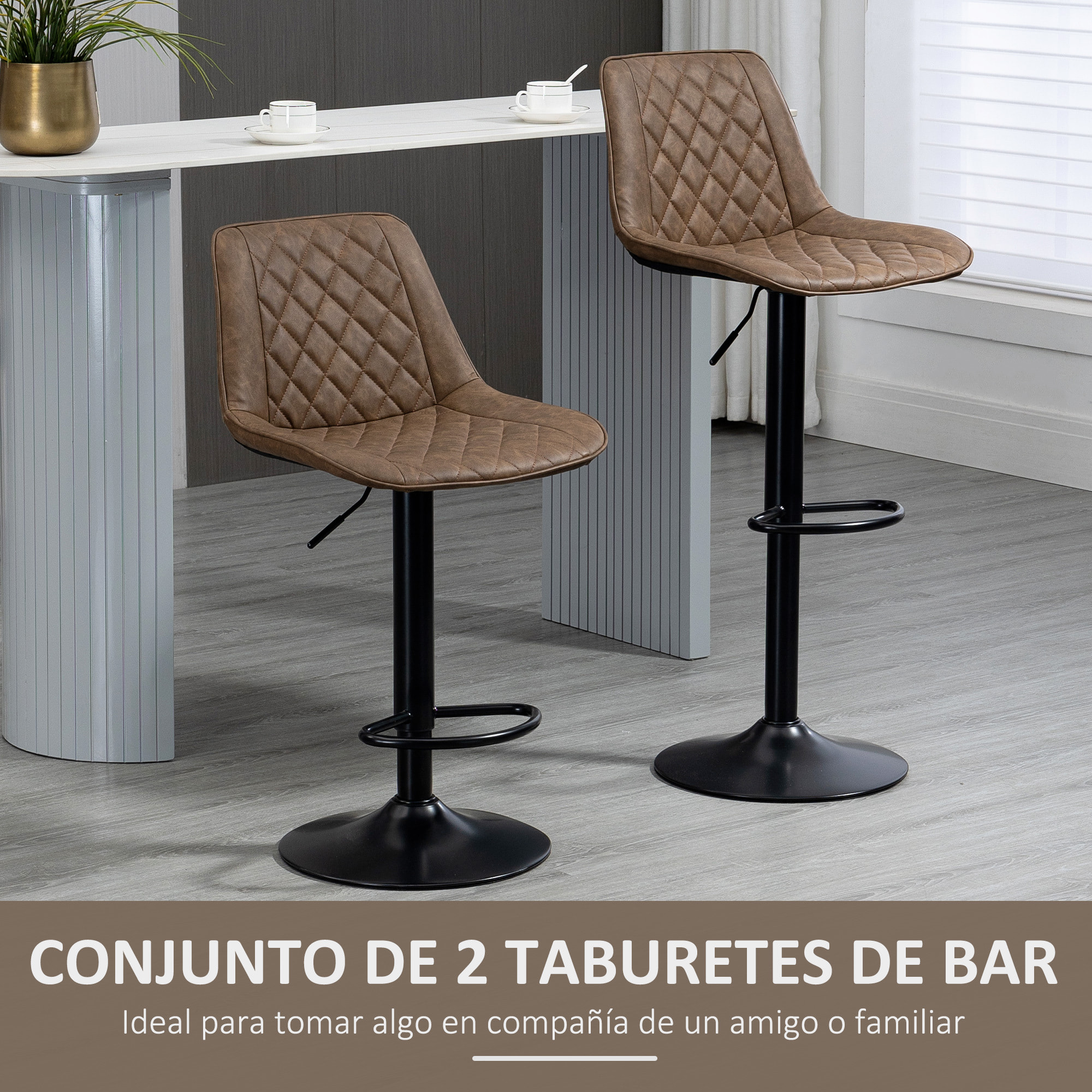 HOMCOM Juego de 2 Taburetes Altos de Cocina Tapizado en PU Taburetes de Bar con Altura Ajustable Asiento Giratorio y Reposapiés Carga 120 kg 46,5x51x86-106 cm Marrón