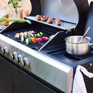 Barbecue gaz 4 brûleurs + 1 feu latéral MAXIM noir. Acier. thermomètre intégré. récupérateur de graisse. grille de chauffe. L 145.5 x P 61.5 x H 143.5cm