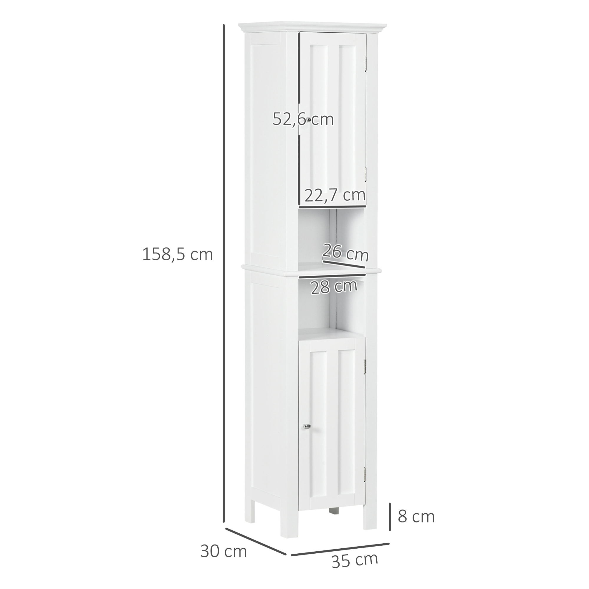 Meuble colonne de salle de bain 2 portes 2 étagères 2 niches - dim. 35L x 30l x 158H cm - MDF blanc