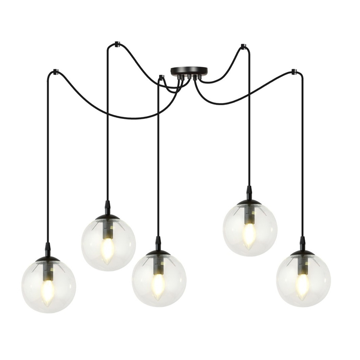 Lampada a sospensione Gigi 5 luci in acciaio nero e vetro trasparente