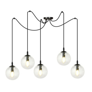 Lampada a sospensione Gigi 5 luci in acciaio nero e vetro trasparente