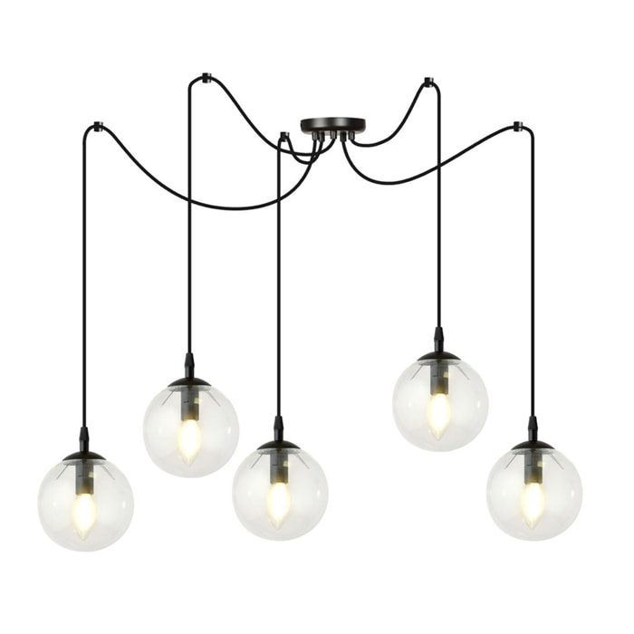 Lampada a sospensione Gigi 5 luci in acciaio nero e vetro trasparente
