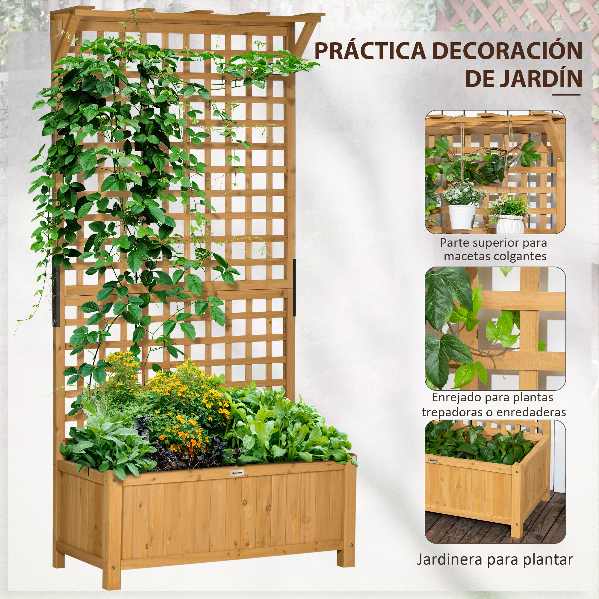 Jardinera con Enrejado de Madera para Trepadora Cultivo de Plantas 90x45x183 cm