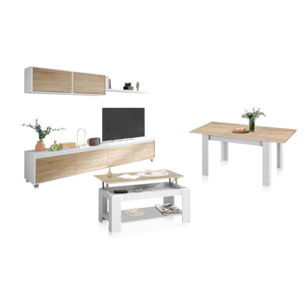 Pack salón con mesa de centro y mesa de comedor Arlet Max Blanco Artik (Blanco Mate) - Roble Canadian