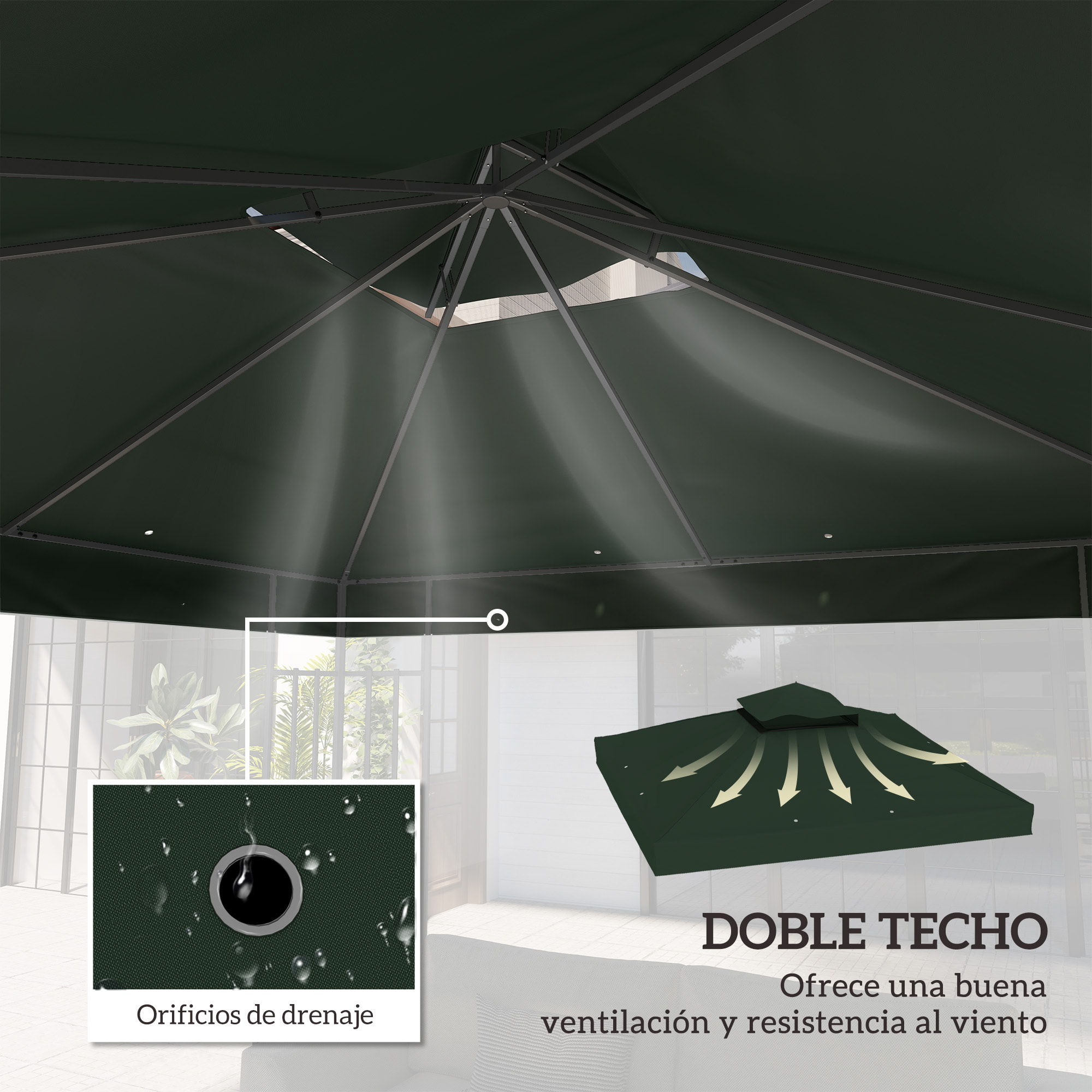 Techo de Repuesto para Cenador 3x3 m Cubierta de Repuesto 370g/㎡ con Techo Doble con Mosquitera Protección UV 30+ Toldo de Recambio para Pabellón Gazebo Verde