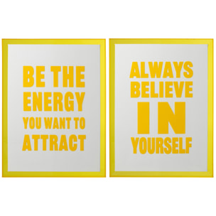 J-Line Tableau de Citations Energy/Believe - toile - blanc/jaune fluo - 2 pièces