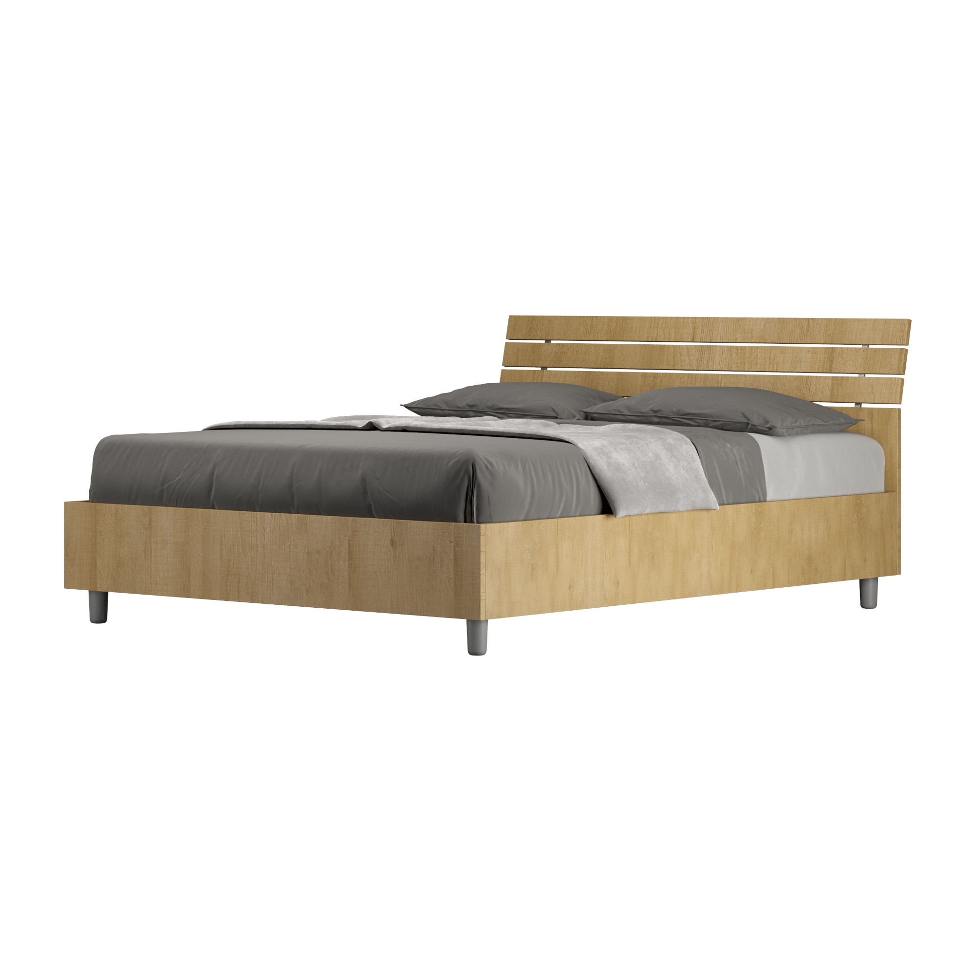 Cama con somier 140x190 con cabecera inclinada de listones roble natural Ankel