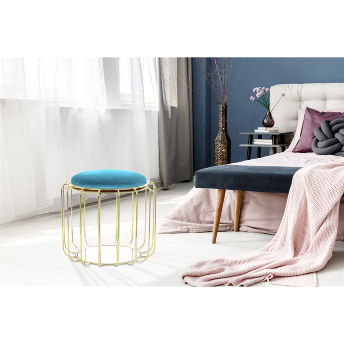 Tavolino e Pouf 2-in-1 Comfortable in Velluto Turchese e Oro