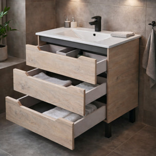 Mobile Bagno A Terra Con 3 Cassettoni Soft Close E Lavabo In Ceramica Incluso Mobiletto Design Moderno Salvaspazio 80 x 45 x 86 Cm Colore Rovere