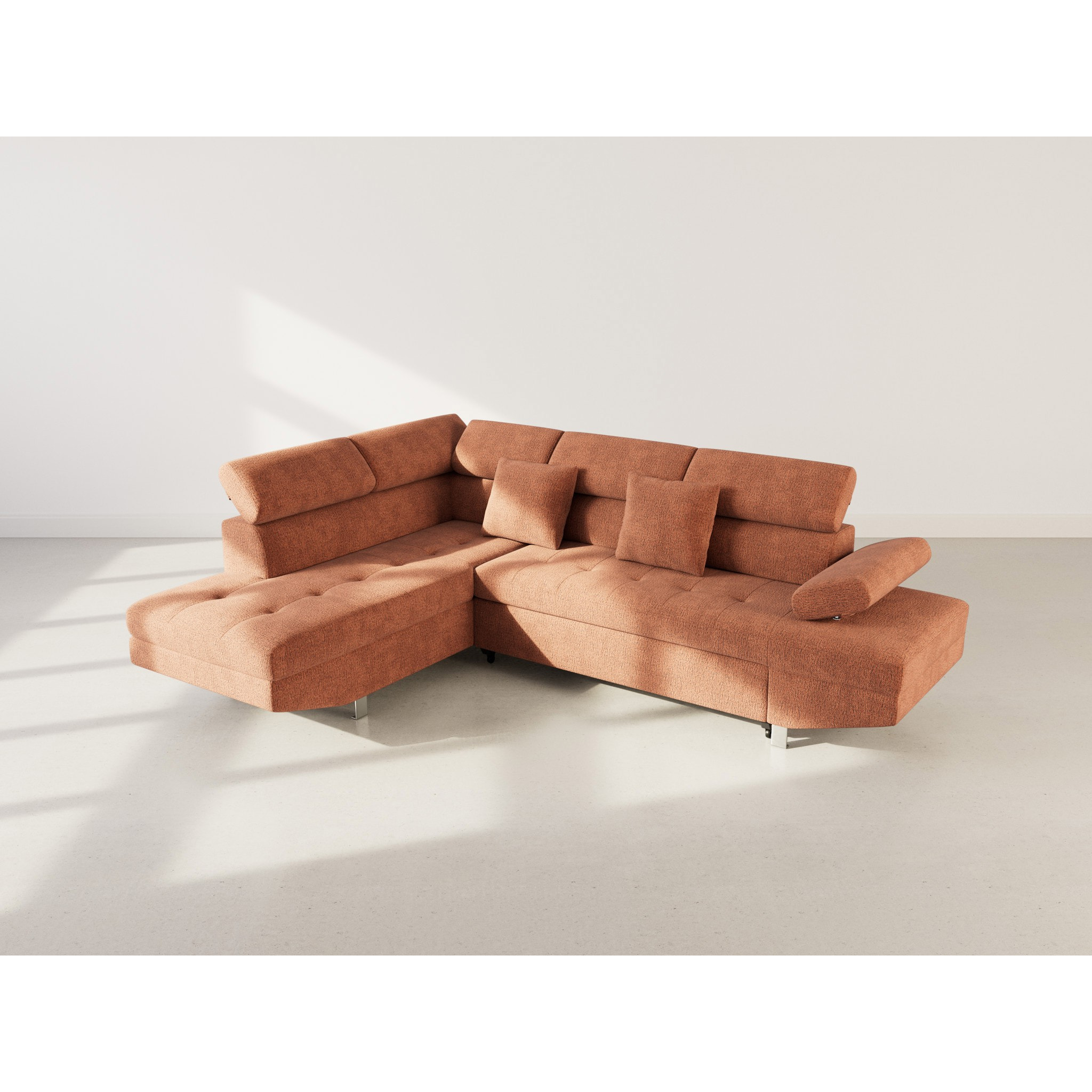 Margaux - Canapé d'angle gauche 5 places convertible avec coffre et têtières réglables en velours texturé - Terracotta