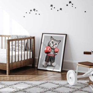 Affiche enfant chat boxeur  Affiche + cadre en bois - Noir