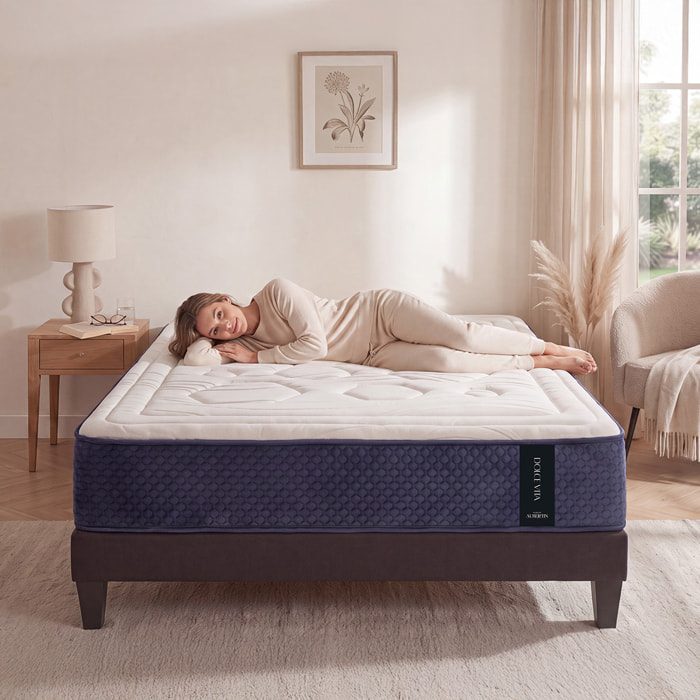 Ensemble Matelas Hybride Dolce Vita & Sommier Tissu, Ressorts Ensachés & Mémoire de Forme, 28 cm, Soutien Ferme
