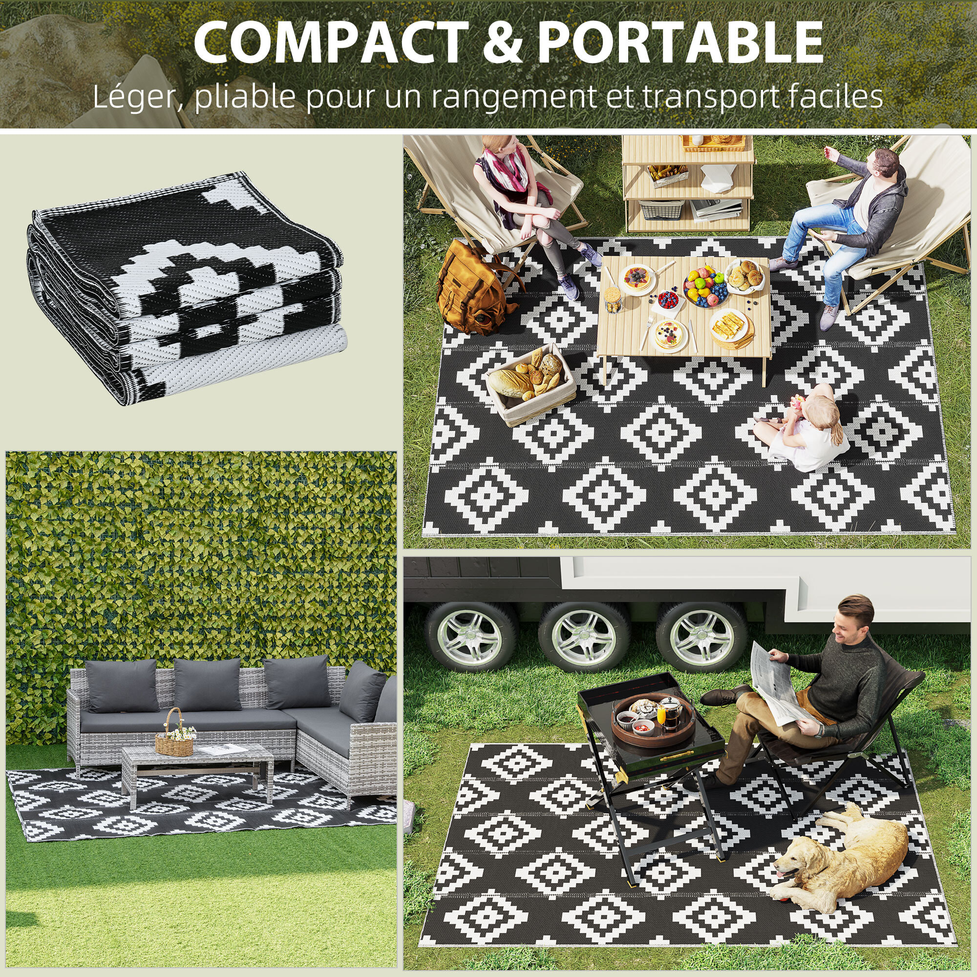 Tapis extérieur style graphique - tapis réversible 2 motifs - dim. 2,74L x 1,82l m, ép. 3 mm - PP haute densité 310 g/m² noir blanc