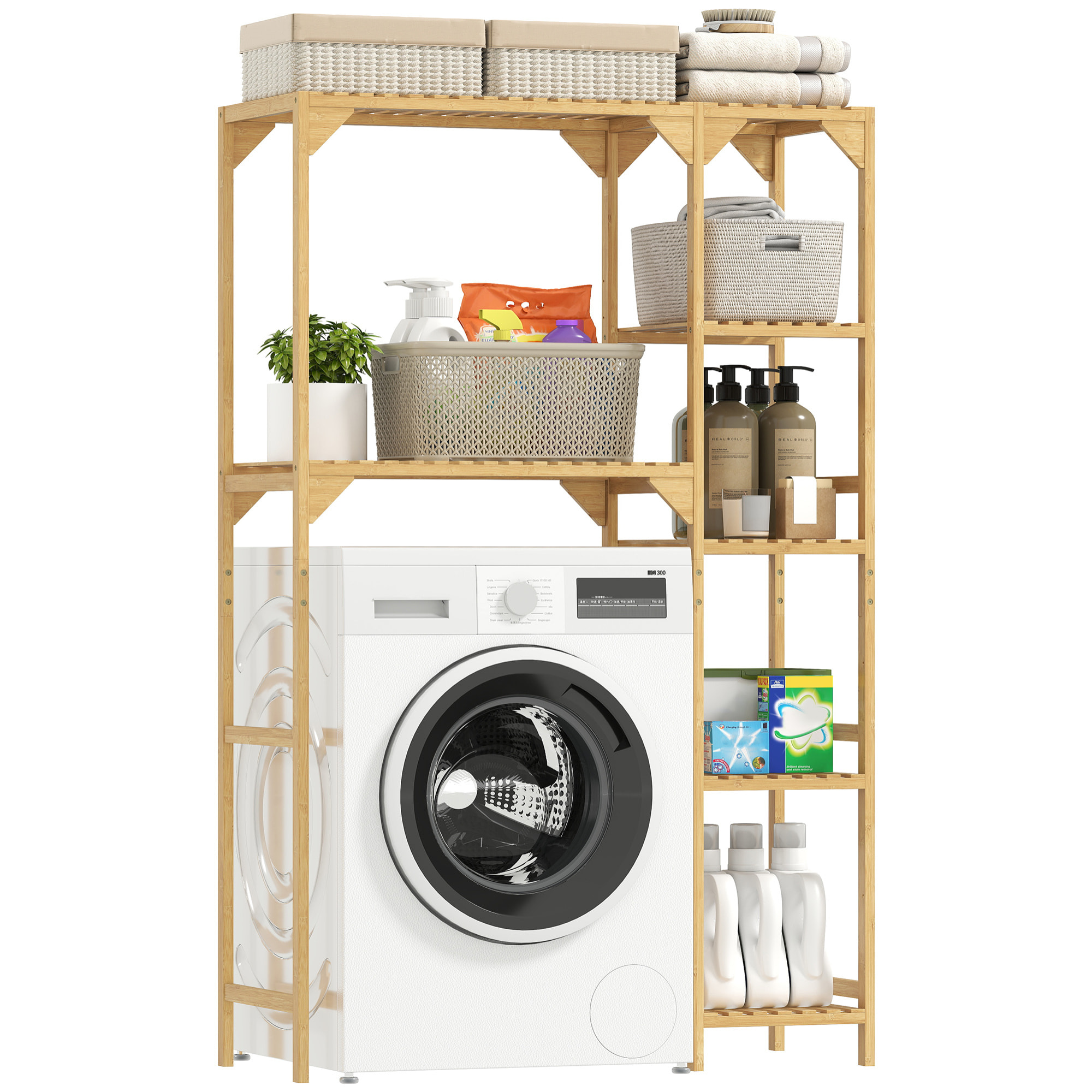 Estantería para Lavadora de Bambú, Mueble para Lavadora o Inodoro con Estantes Reversibles y Ajustables, Ahorra Espacio, Para Lavandería, Baño, Madera Natural