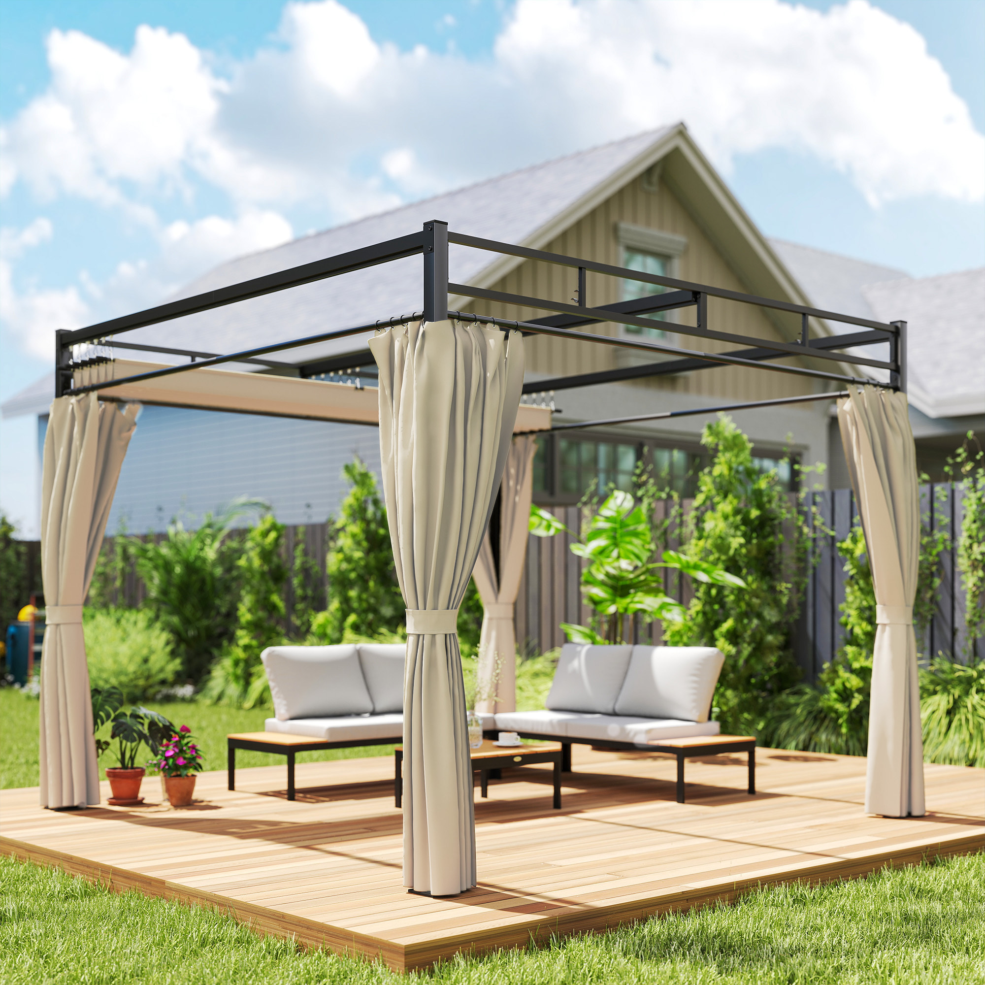 Pérgola de Jardín 3x3 m con Techo Retráctil y 4 Cortinas, Cenador de Jardín con Protección UV30+, Impermeable, Estructura Metálica, Pabellón para Patio, Terraza, Exterior, Beige