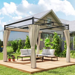 Pérgola de Jardín 3x3 m con Techo Retráctil y 4 Cortinas, Cenador de Jardín con Protección UV30+, Impermeable, Estructura Metálica, Pabellón para Patio, Terraza, Exterior, Beige