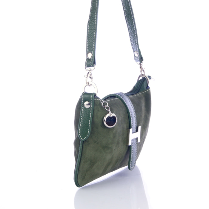 FIRENZE ARTEGIANI Borsa a Mano da Donna Allerona. Vera Pelle Dollaro Camoscio Made in Italy 24x2x14 Cm. Colore: verde militare