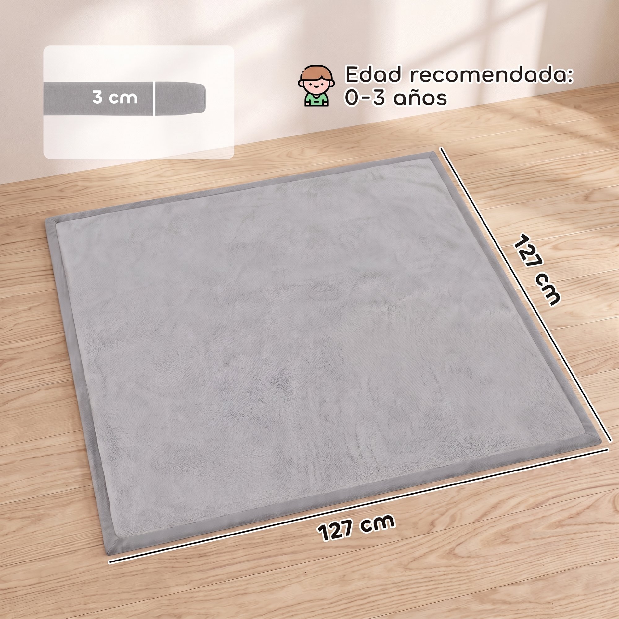 AIYAPLAY Alfombra Bebés Acolchada, 127x127 cm, Espuma de 3 cm, Colchoneta de Juegos, Franela Suave, Antideslizante, Resistente al Agua y Fácil de Limpiar, Gris Claro